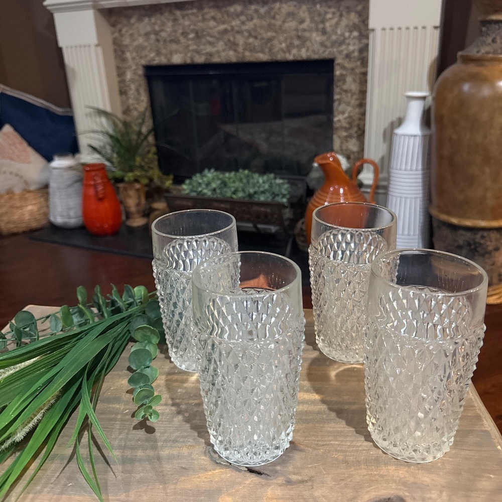 1960/70’s VTG Anchor Hocking Diamond Quilted Drinking Water Glass Tumbler Set 4